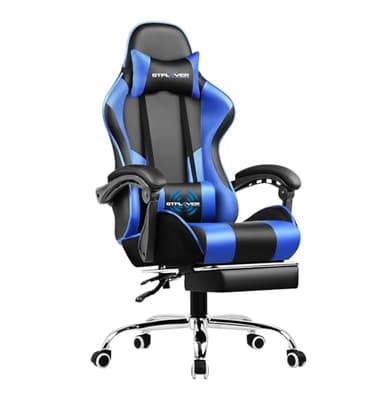 GTPLAYER Chaise Gaming Ergonomique, Fauteuil Gamer, Chaise Bureau, Chaise de Gaming avec Dossier réglable à 135°, Hauteur Réglablerepose-Pieds rétractables, Siege, Simili Cuir Bleu