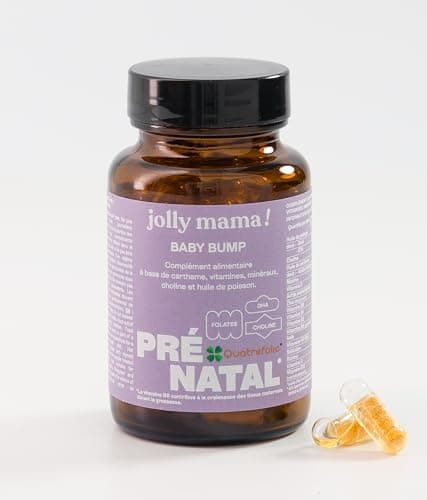 Baby Bump Multivitamines Grossesse avec DHA, Choline et Vitamine B9 Active Quatrefolic® - 15 Actifs Bioactifs pour la Santé de Maman et Bébé - Pot Recyclable - Fabriqué en France, Jolly Mama