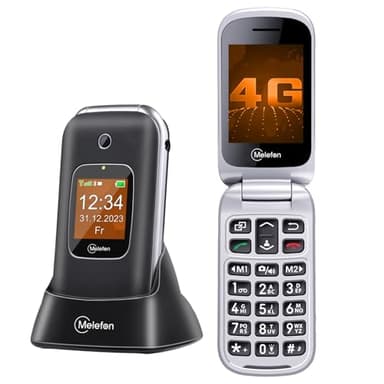 Melefon Téléphone portable à rabat 4G pour personnes âgées, téléphone avec grand bouton, volume fort, écran 2,4 + 1,44 pouces, SIM déverrouillée, bouton SOS, USB type C, station de charge