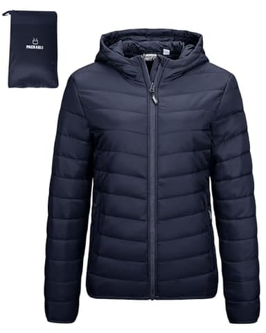 Outdoor Ventures Veste matelassée légère et pliable pour femme - Veste d'hiver chaude avec capuche - Doublée avec poches - Pour les loisirs, la randonnée, les voyages, bleu foncé, M