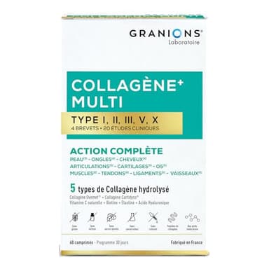 GRANIONS - MULTI Collagene + Action 10 en 1-5 Types de Collagène - Collagene Marin, Collagene Type 2 - Vitamine C et Biotine - Sans Gluten - 20 études cliniques - 60 Comprimés - format 1 mois