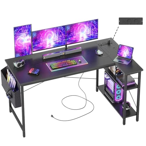 BEXEVUE Bureau d'angle avec Multiprise Intégrée - 140x70 cm Petit Table Ordinateur Forme L Etagères Rangements, Bureau Informatique Angle Réversible pour Etudier Travailler Chambre Domicile, Noir