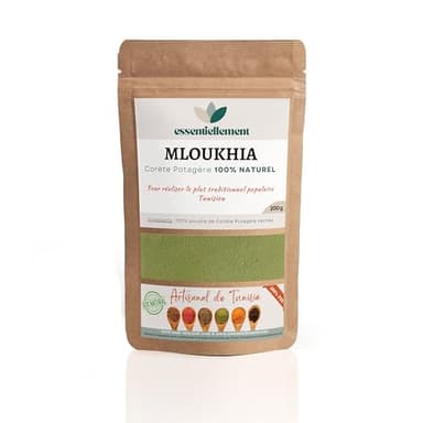 Mloukhia en Poudre de Tunisie - 100 % Naturel et Artisanal - Plat Typique Tunisien - Corète Potagère Moulue - Meloukhia - Pochette Refermable 200 gr - Essentiellement - Fabriqué par Souk Oriental