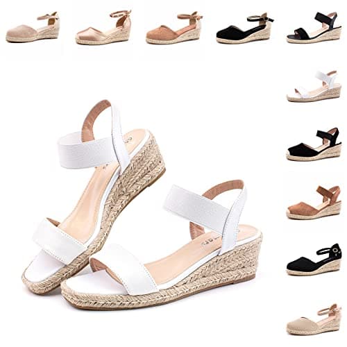 Hitmars Espadrilles Compensées Femme Talon Sandales Femme Été Plateforme Confortable Chaussures Compensées Daim Chic Talon 6CM 3 Blanc Taille 43 EU
