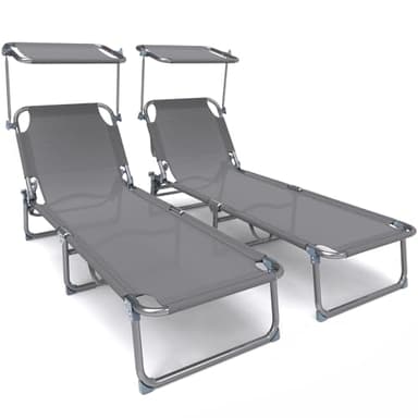 vounot® Lot de 2 Chaise Longue Bain de Soleil avec Pare Soleil Transat Pliable en Textilène avec Parasol Bain De Soleil inclinable en Textilène avec Charge Max 110KG Chaise Longue réglable Gris