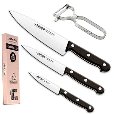Arcos Jeu de couteaux de cuisine professionnels | Comprend éplucheur de pommes de terre | Couteaux de cuisine professionnelle et éplucheur pommes de terre | 4 pièces | Arcos Set couteaux | Manche noir