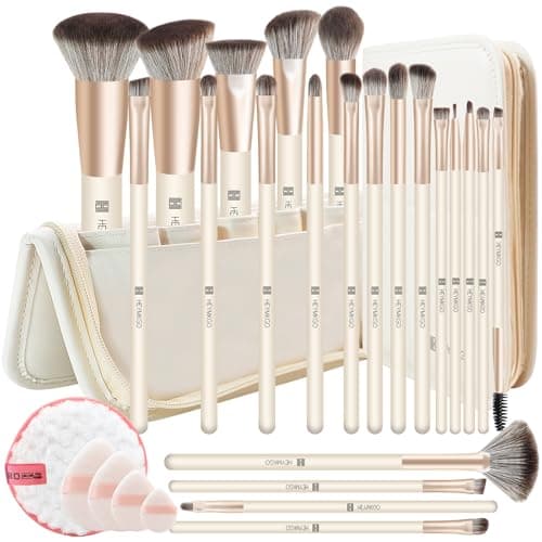 HEYMKGO Pinceaux de Maquillage 22PCS Professionnel Premium Synthétique Fond de Teint Poudre Fard à Joues Pinceau Visage Ombre à Paupières Eyeliner+4 Bouffées poudre+EpongeNettoyage+Voyage Cosmétique