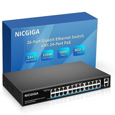 24 Port Gigabit PoE Switch Unmanaged, 24 Port PoE+@320W, 2 Gigabit Uplink Ports, NICGIGA 26 Port Gigabit Network Power Over Ethernet Switch, VLAN Mode, 19 inch RackMount, Plug and Play.
