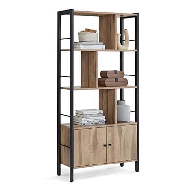 VASAGLE Étagère, Bibliothèque à 4 Niveaux, Meuble de Rangement, Placad, avec Portes, Grand, Cadre en Acier, pour Salon, Bureau, Chambre, Style Industriel, Marron Camel et Noir d'encre LBC022B50
