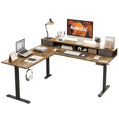 Agilestic Bureau électrique en L avec 2 tiroirs, Hauteur réglable Ergonomique de 160 cm avec Rangement, Bureau d'angle pour Bureaus à Domicile, Marron