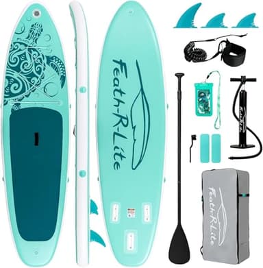 Feath-R-Lite Stand Up Paddle Gonflable Planche De Surf Sup Accessoires Complets De Paddle Gonflable Pagaie Réglable, Pompe, Sac À Dos De Voyage ISUP, Laisse, Sac Étanche, 320 * 76 * 15cm Vert/Noir