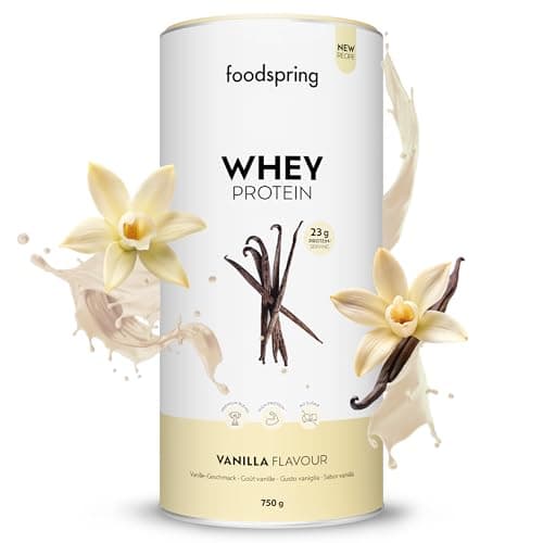 foodspring - Poudre de protéines whey Vanille - Avec 23 g de protéines de croissance musculaire, solubilité parfaite, ultra-filtrée et riche en BCAA et EAA - goût complet et délicieux (750 g)