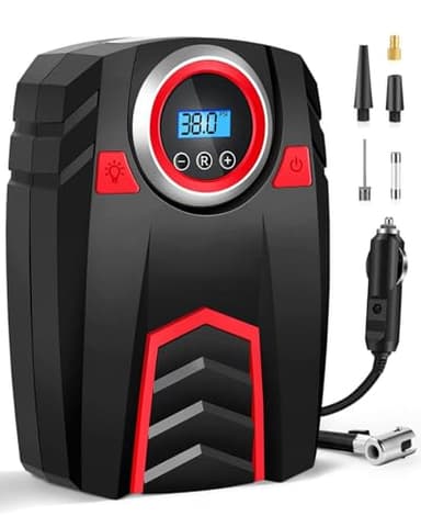 Gonfleur Pneus Voiture 12V Digital - Compresseur à Air Portatif 150 PSI/30L/min avec Écran LED, 4 Adaptateurs Universels et Tuyau 50cm (Noir/Rouge) pour Pneus/Vélo/Camping