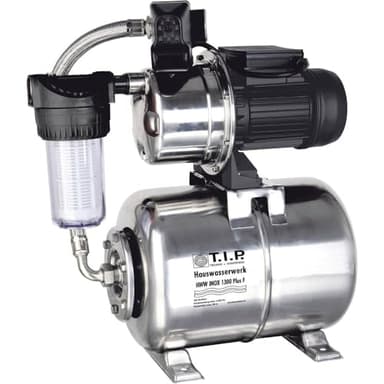 T.I.P. HWW 1300 Circuit d'Eau Domestique en Inox Avec Préfiltre Débit de 4350 l/h Hauteur de Refoulement max 50 m Puissance 1200 Watts Cuve de Pression en Inox Capacité de 22 l Couleur Argent Noir