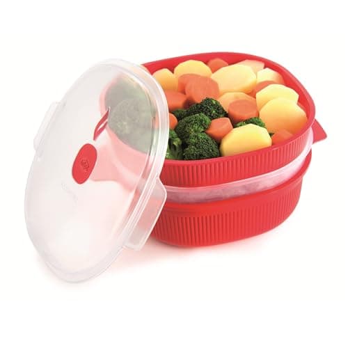 Snips, Cuiseur Vapeur pour Micro-ondes 4 litres, Cuiseur Vapeur avec 2 Plateaux, Récipient pour Micro-ondes Rouge 26.5 x 22 x 13.5 cm, Cuisson Rapide à la Vapeur, Made in Italy