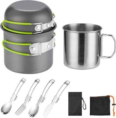 ISFORU Batterie de cuisine antiadhésive pour 1 personne, comprenant un sac à dos, une casserole et une poêle avec tasse de 500 ml et un ensemble d'ustensiles en acier inoxydable pour les voyages, le