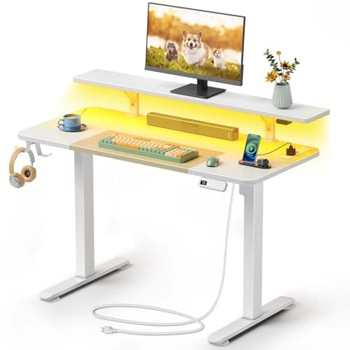 Rolanstar Bureau Assis Debout Électrique 120x60cm, Bureau Réglable en Hauteur Électrique avec Lumières LED et Prise, Table Réglable Hauteur Blanche pour Télétravail