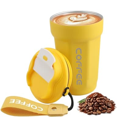 Lrocotanc Mug Isotherme Cafe - Tasse À Café en Acier Inoxydable 450ml - Mug Thermos de Voyage - Gobelet Isolant Sous Vide Antifuite avec Couvercle - Coffee Cup (Jaune)