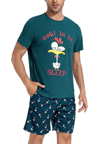 Jezonga Pyjama Homme Coton Été Ensembles de Pyjama Court à Manches Courtes Impression de Motif Mignon Vêtements de Nuit Vêtements de Détente Turquoise L