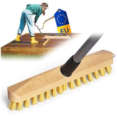 Balai en bois avec poils | Balai avec filetage et manche télescopique | Brosse à récurer PPN | Brosse à sol | Idéal pour le nettoyage du balcon, terrasse, jardin, intérieur et extérieur