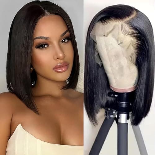 Perruque Cheveux Humain 13x4 Bob Lace Frontal Wig Perruque Femme Naturelle Brésilien Straight Lace Frontal Wigs Human Hair Couleur Naturelle 150% Density (12 pouces)
