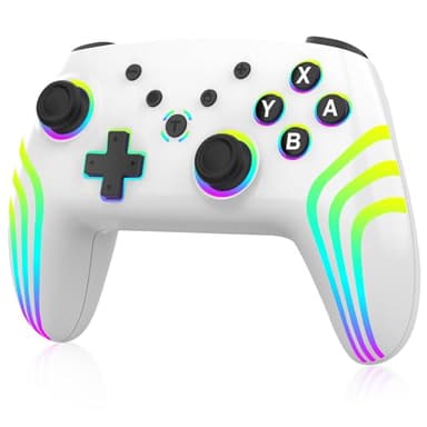 MYSTILUCK Manette Sans Fil pour Console Switch/Lite/OLED, Contrôleur de jeu avec éclairage RGB Changeant de Couleur/Double Vibration/6 Axes Gyroscope/Turbo/, Joystick de Ergonomiquement conç, Blanc