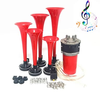 YIYIDA Klaxon de voiture Klaxon de musique 12V corne de musique Klaxon de navire Trompette à cinq tubes Dixie 160db Car Horn rouge Klaxon de camion avec pompe à air pour 12V voiture camion bateau etc