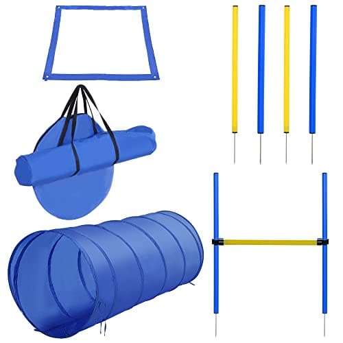 PawHut Agility Sport pour Chiens équipement Complet Obstacles, Tunnel, Slalom, Zone Repos + 2 Sacs de Transport Bleu Jaune