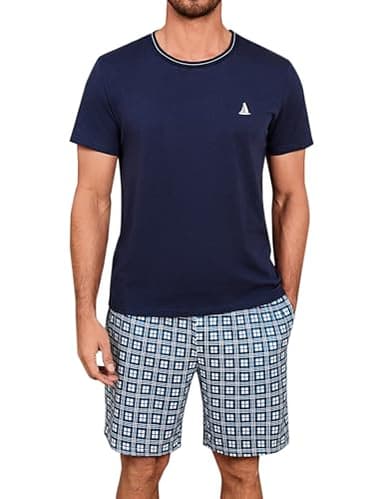 Jahetuul Pyjama Homme Court en Coton Été Ensembles de Pyjama Homme à Col Rond avec Poches Pyjama Homme avec Short à Carreaux Vêtements de Nuit Homme