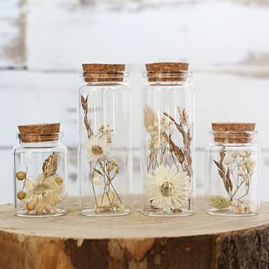 Comforder Fleurs Séchées en Verre avec Bouchon en Liège 4pcs, Décoration de Fleurs Séchées Naturelles dans Bouteille en Verre, Mariage Champêtre (Naturel)