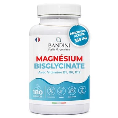 Bandini® Magnésium Bisglycinate + Vitamines B1, B6 et B12, 180 Gélules Vegan, Haute Teneur 350mg/jour (Absorption Maximale), Glycinate de Magnesium en Capsules, Fatigue, Stress et Sommeil
