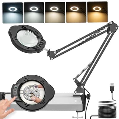 Jubor Améliorée Lampe de Bureau Loupe, 15X 10X LED Loupe avec Lumière avec Pince et Bras Pivotant, Lampe de Bureau avec 5 Modes de Couleurs Réglables pour Lecture, Réparation, Artisanat
