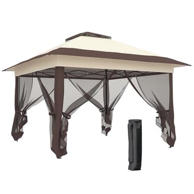Outsunny Tonnelle de Jardin extérieur tonnelle Pliante 3,6x3,6m avec Double Toit Acier Polyester moustiquaires + Sac de Transport à roulettes Kaki Marron