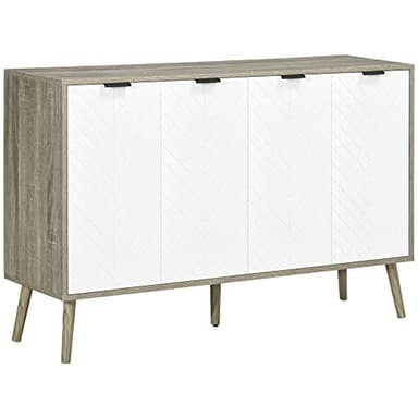 HOMCOM Buffet Bas, Meuble de Rangement, étagères réglables, 2 placards, 4 Portes Motif Chevrons, pour Cuisine, Salle à Manger, Salon, 120 x 35 x 77,4 cm, Blanc et Gris