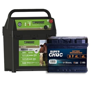 BEAUMONT - Électrificateur Mixte de Clôture RB880 + Batterie 12V 75 Ah - Poste 3 en 1, Alimentation Secteur, Batterie ou Pile - Facilement Transportable - Garde Tous Types d'animaux