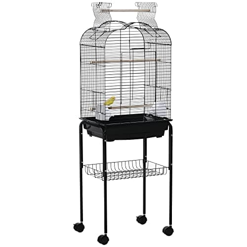 PawHut Cage à Oiseaux volière pour Oiseaux sur roulettes avec Toit ouvrant 3 perchoirs étagère inférieure 46 x 36 x 130 cm Noir