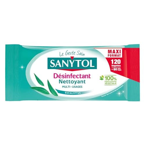 Sanytol - Lingettes Désinfectantes Multi-Usages - Eucalyptus - x120 - Bactéricide, Virucide, Fongicide - Sans Javel, Fabrication Française, 100% Fibres d’Origine Végétale