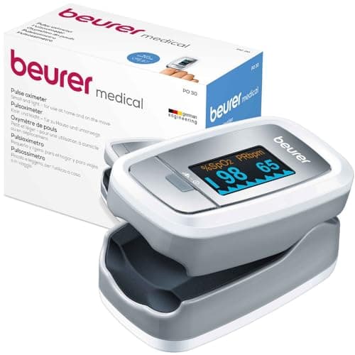 Beurer PO 30 - Oxymètre de pouls digital pour la mesure de la saturation en oxygène dans le sang et le pouls, 61 x 36 x 32 mm, 57 gr, blanc et argent