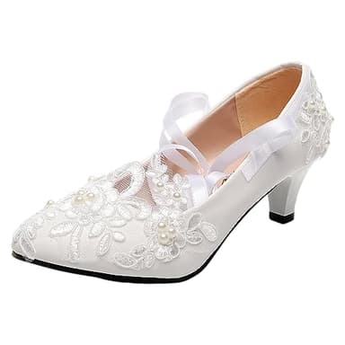 Jamron Femme Élégant Dentelle Broderie 5CM Talon Blanc Chaussures de Mariée avec Perles SN070427 EU39.5