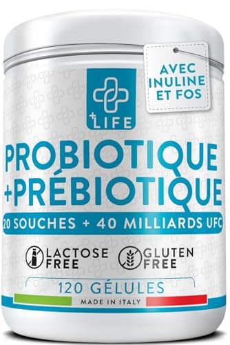 Probiotique Flore Intestinale Avec Prebiotiques 120 Gélules PiùLife, 40 Milliards UFC Dose, 20 Souches, Microbiote Intestinal, Bifidobacterium Et Lactobacillus, Ballonements Intestinaux Et Gaz, Colon