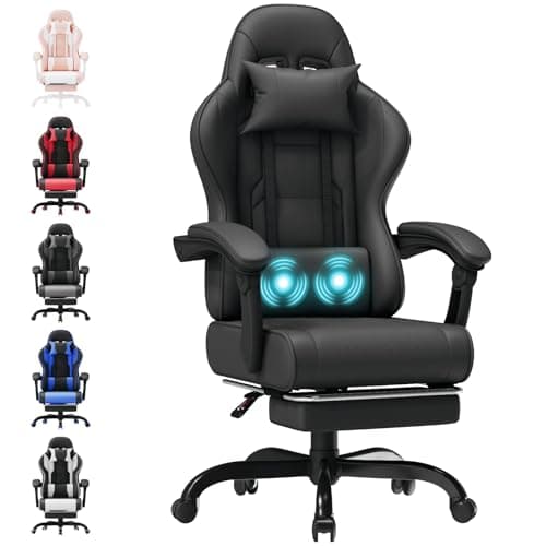 TRIUMPHKEY Chaise de Jeu Ergonomique avec Massage Lombaire, Fauteuil Gaming, Repose-Pieds Rétractable, Dossier Réglable, Confort Quotidien, Gaming et Bureau, Noir