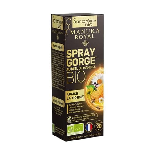 Santarome Bio - Spray gorge au Miel de Manuka Bio - Complément alimentaire immunité - Apaise la gorge - Plantes & Miel de Manuka - 20 ML - France