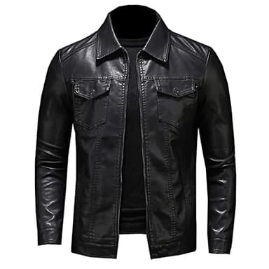 Veste de moto en cuir pour homme - Grande taille - Poche zippée à revers - Coupe ajustée - Pour le printemps et l'automne - Couleur : noir - Taille M