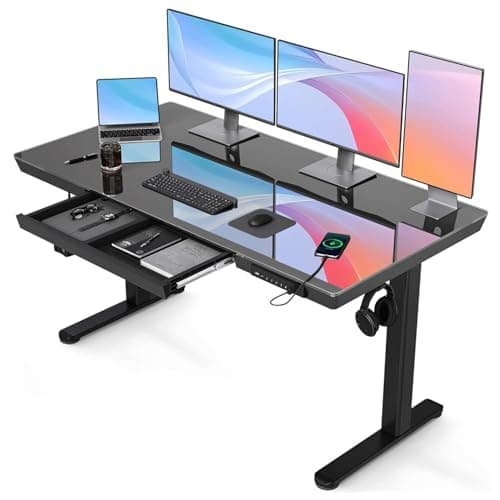 Claiks Bureau réglable en Hauteur avec Plateau en Verre Monobloc 140 x 60 cm, Bureau Debout électrique, avec tiroir, Fonction mémoire et Protection Contre Les collisions, Noir