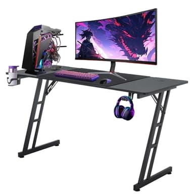 Bureau Gaming 140x60, Table Gaming Informatique Ergonomique, Bureau Gamer en Forme de Z Stable, Table Gamer avec Porte-Gobelet et Crochet pour Casque, Plateau en Fibre de Carbon, Bureau d'ordinateur