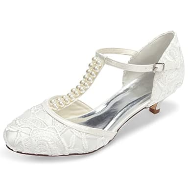 JIAJIA 01129 Chaussures de Mariée pour Femme Bout Fermé T-Strap Bas Talon Dentelle Satin Pompes Imitation Chaussures de Mariage Couleur Ivoire, Taille 39 EU