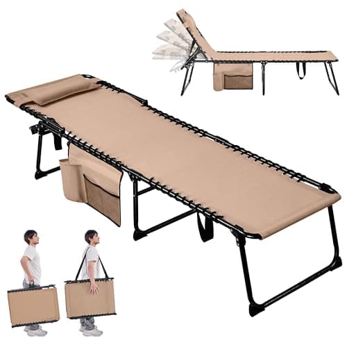 Abician Chaise Longue Pliante Bain de Soleil Transat Jardin Exterieur 189x57x38 cm Dossier Inclinable 5 Positions avec Poche Lit de Camping pour Plage, Piscine, Relax Détente en Plein Air Beige