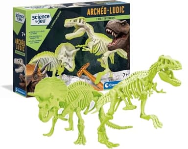 Clementoni | T-Rex & Tricératops Coffret Paléontologie pour Enfants 7+ | Science & Jeu : Archéo Ludic |Squelettes Phosphorescents à Assembler | Application Réalité Augmentée Incluse |Idée Cadeau