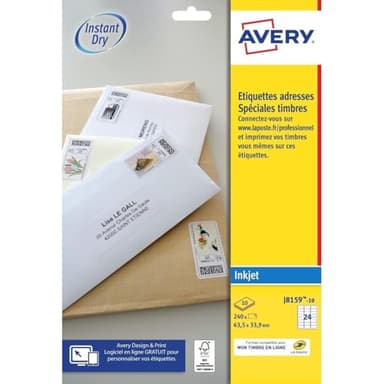 Avery Étiquettes Adresse Autocollantes Blanches 240 Timbres Personnalisables 63,5 x 33,9 mm Impression Jet d'Encre