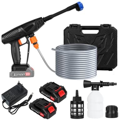 Nettoyeur Haute Pression sans Fil, Pistolet Portable Électrique 21V avec 2 Batteries, Buse 6 en 1, Tuyau 5m, Pistolet de Lavage Haute Pression pour Voiture Maison Jardin Cour